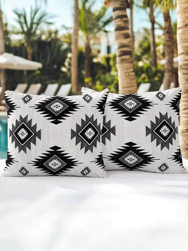 Waterproof Outdoor Pillow Set of 2 Gray Boho Aztec Decorative Throw Pillows Cover & Insert 18x18 Inch Pillowcase Southwest Tribal Style Square Pillows for Couch Sofa Bed Patio Furniture Indoor Outdoor