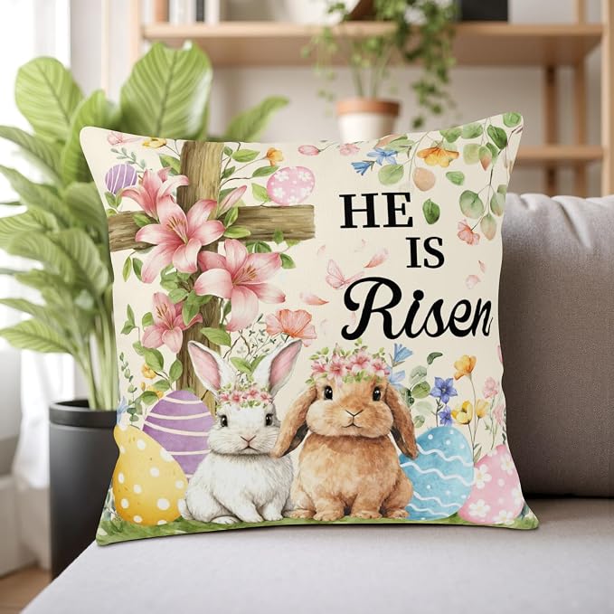 Happy Easter Throw Pillow Covers He is Risen Floral Cross Pillow Covers Spring Easter Bunny Pillow Cases 20x20 Set of 2 Colorful Eggs Rabbit Cushion Cases for Home Sofa Couch