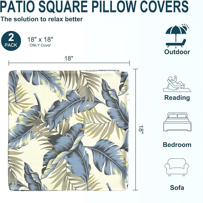 DYTXIII Pack of 2 Outdoor Waterproof Pillow Covers ONLY, 18"x18" Square Decorative Double Printed Throw Pillow Cases for Patio Couch Porch Furniture, Lush Palm Blue