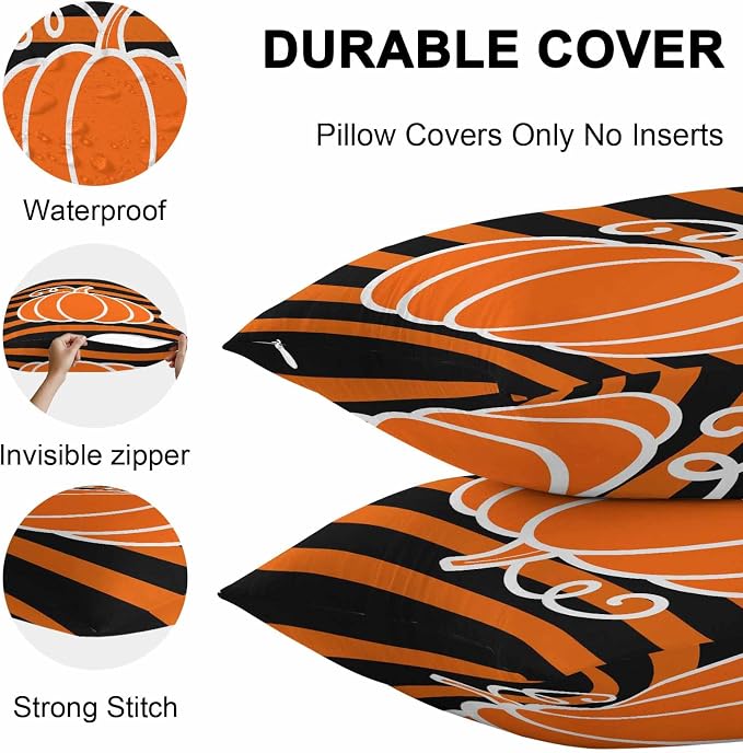 Orange Pumpkins Outdoor Waterproof Pillow Covers, Autumn Black Stripes Farmhouse Decorative Square Throw Pillowcase Sofa Cushion Sham for Patio/Couch/Chair, 24"x24" 2 Pack