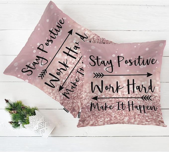 Swono Quote Set of 2 Square 18x18 Inch Throw Pillow Cover Stay Positive Work Hard Make It Happen Soft Pillowcases Arrow Cushion Covers for Home Sofa Couch Garden Bench Living Room Car Glitter Pink