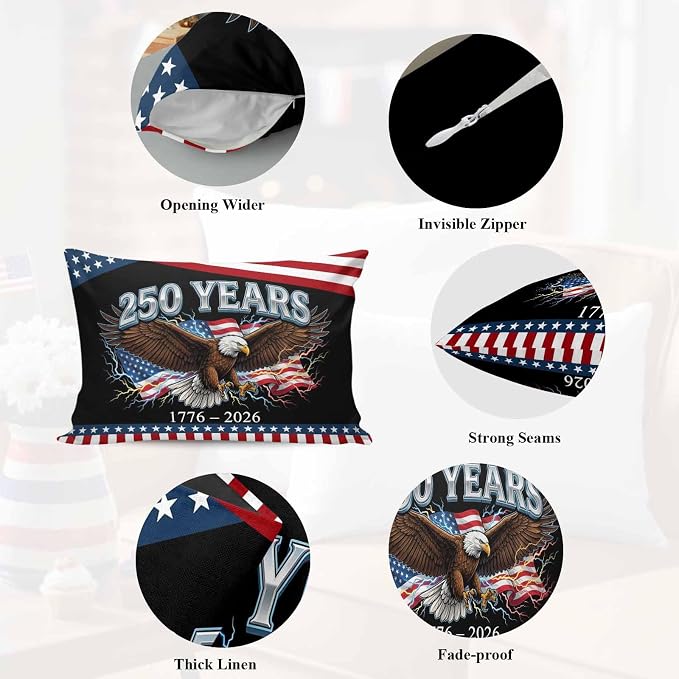 America 250 Years Eagle Outdoor Pillow Covers 20"x12" Set of 2, Independence Day Lightning Red Blue Flag Waterproof Throw Pillow Covers for Patio Furniture, Decorative Cushion Covers for Porch