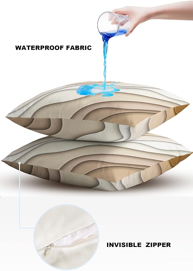 Funy Decor Waterproof Outdoor Throw Pillow Cover Brown Modern Geometric Lumbar Pillowcases Set of 2 Abstract Beach Decorative Patio Furniture Pillows for Couch Garden 26 x 26 Inches