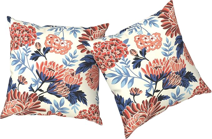 Outdoor Pillows with Insert 18x18 Inch, Waterproof Throw Pillow for Patio Furniture, Decorative Back Cushion for Garden Home Sofa Office Chair, Set of 2, Red Chrysanthemum