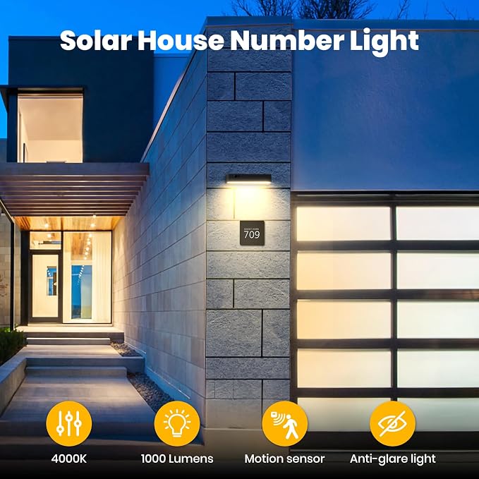 Solar Wall Lights Outdoor, 2Pcs Solar Lights with Motion Sensor | 4 Modes, Anti-glare Solar Sign Light, Dusk to Dawn, 4000K 1000LM Solar Lights for House Numbers, Address Sign, Patio, Porch