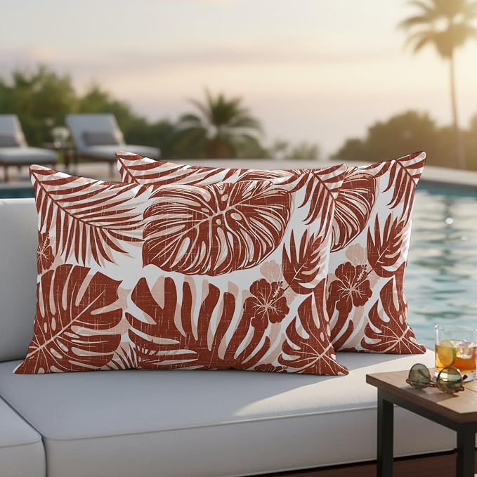 Copper Palm Leaves Outdoor Pillow Covers 20"x12" Set of 2, Tropical Botanical Minimalist Modern Waterproof Throw Pillow Covers for Patio Furniture, Decorative Cushion Covers for Porch