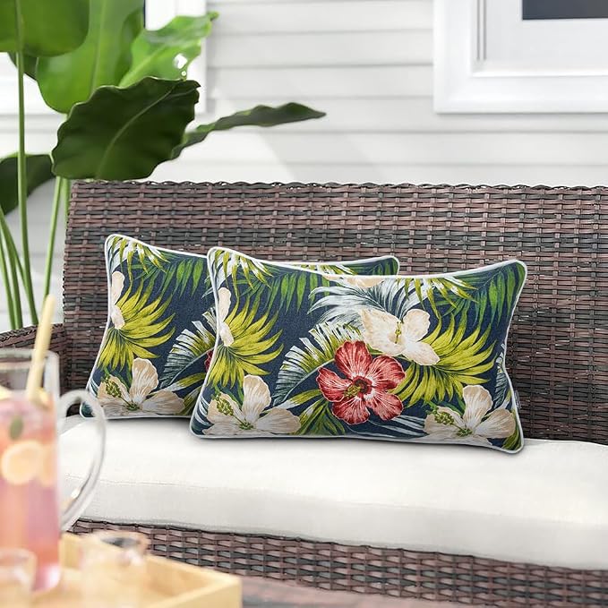 Magpie Fabrics Pack of 2 Outdoor Waterproof Lumbar Rectangular Throw Pillow with Insert 12x20 Inch, Home Decorative Toss Cushion for Patio Garden Car Office (Midnight Floral)