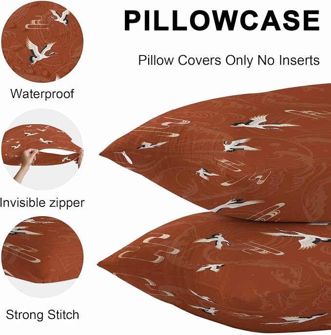 Japanese Style Outdoor Pillow Covers 24x24 Inch Throw Pillow Covers Set of 2 Waterproof Decorative Pillow Cases Vintage Art Cranes Ocean Wave Red Cushion Covers for Patio Furniture Garden Couch Sofa