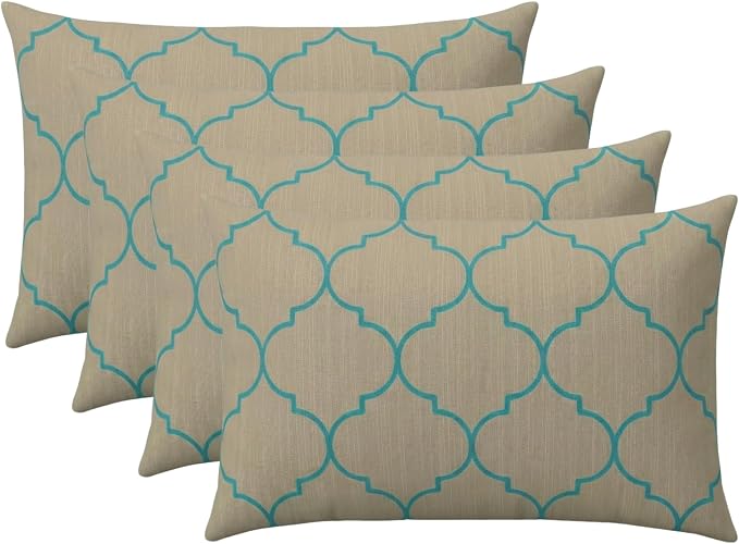 RSH DECOR Sunbrella Outdoor Lumbar Throw Pillows Set of 4, 26x16, Lumbar Pillow Covers, Water-Resistant, Fade-Resistant Fabric, Zippered, Includes Inserts, Made in USA (Trellis Geo II Mist)
