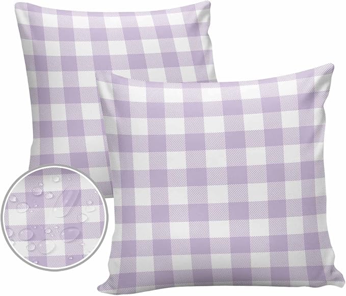 Outdoor Waterproof Throw Pillow Covers Set of 2 Lavender Buffalo Check Plaid Pillowcases 24x24 Inches Farmhouse Style Patio Decorative Pillows Cushion Case Patio Pillows for Couch Bed Chair Garden