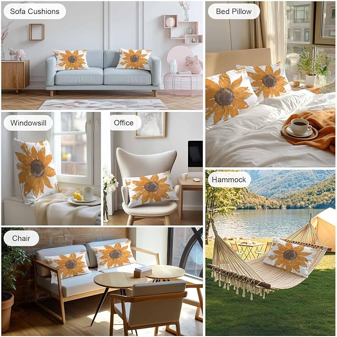 Vandarllin Outdoor Throw Pillows Covers 20x12 inch Set of 2 Waterproof Orange Sunflower Decorative Zippered Cushion Covers for Patio Furniture, Flower Field Lumbar Pillowcases