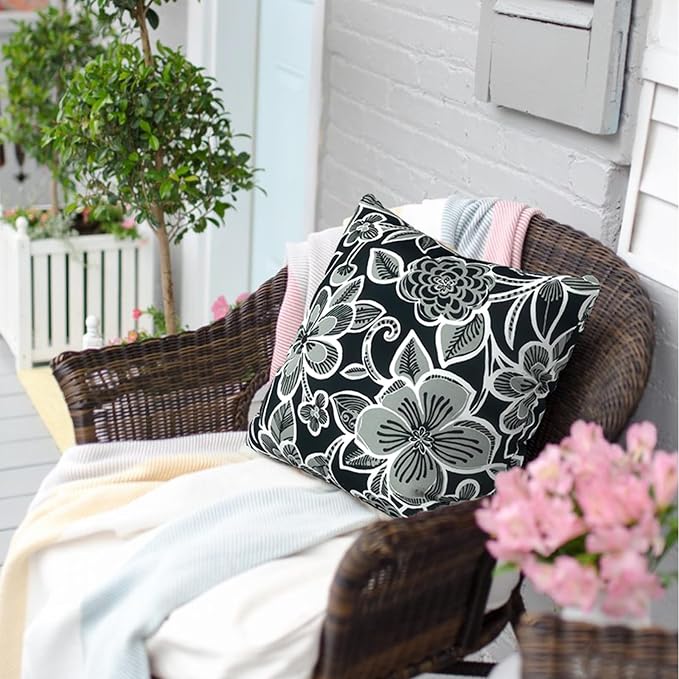 Outdoor Pillows for Patio Furniture 18x18 inch, Square Outdoor Throw Pillows with Inserts, Decorative Toss Pillows for Garden Couch Home Sofa Office Chair, Pack of 2,Flower Black