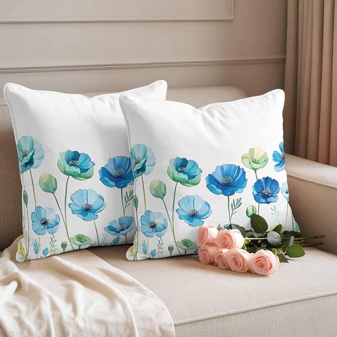 Spring Floral Outdoor Waterproof Throw Pillow Covers Set of 2, 24"x24", Watercolor Blue Poppy Flower Decorative Pillow Covers Outside Cushion Case for Patio Porch Garden