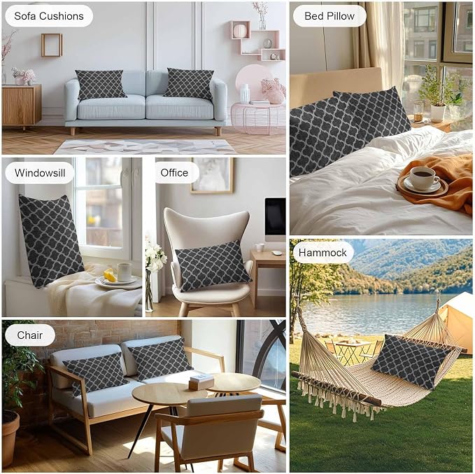 Black Morocco Outdoor Pillow Covers 20x12 Inch Lumbar Pillow Covers Set of 2 Waterproof Decorative Throw Pillow Cases Boho Vintage Quatrefoil Geometric Plaid Cushion Covers for Patio Furniture Garden