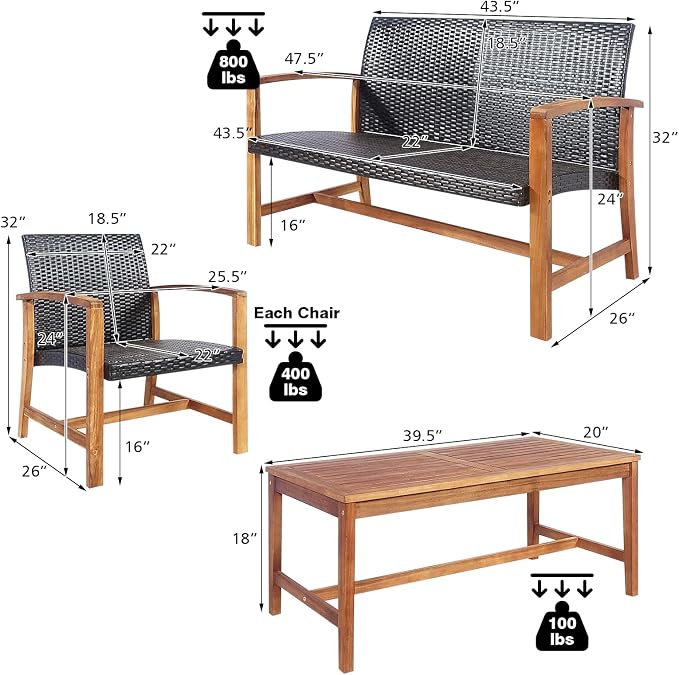 HAPPYGRILL 4 Pieces Patio Furniture Set Outdoor Patio Conversation Set with Coffee Table Loveseat Armchairs, Solid Acacia Wood, PE Wicker Surface, Modern Chat Set for Deck Poolside and Backyard