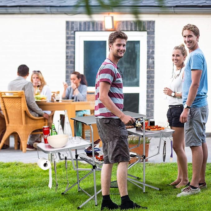 GYMAX Aluminum Folding Camping Table, Outdoor Grill Table with Side Table, Hooks & Carry Bag, Heavy Duty Picnic Table for Outdoor Backyard, Beach RVing Barbecue (Silver)