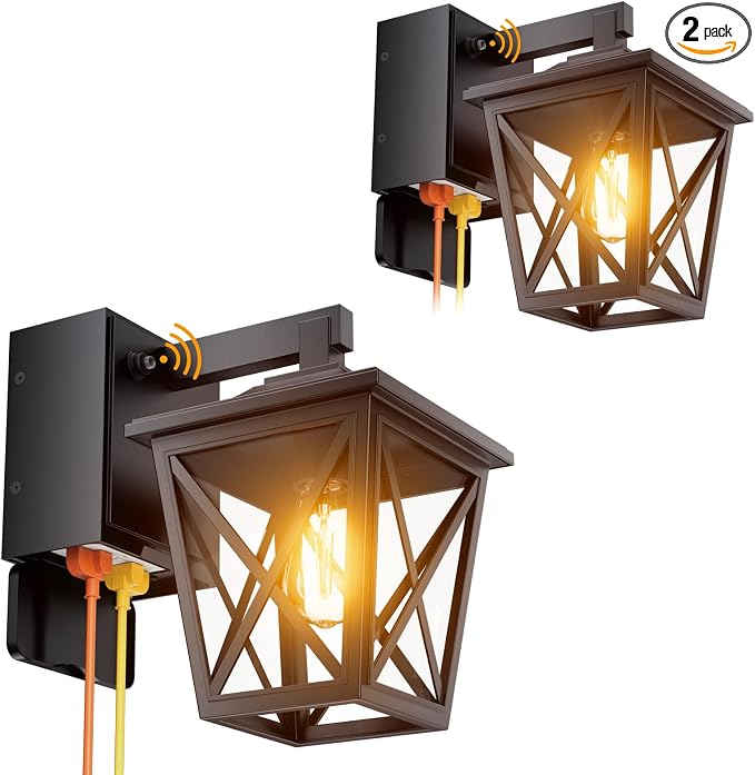 Ehaho Porch Light with GFCI Outlet Aircraft Grade Aluminum Alloy Black 2PCS | Dusk to Dawn Outdoor Lights Waterproof IP 68 Upgraded 3 Lighting Modes Exterior Light with Plug for Front Door Patio Garage