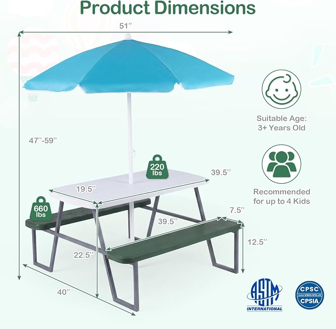 Costzon Kids Picnic Table, Toddler Outdoor Table & Bench Set with Removable Umbrella, HDPE Tabletop, Metal Frame, Kids Outdoor Furniture for Patio Backyard Garden, Fits 4 Children Age 3+ (Green)