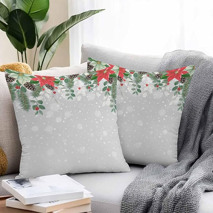 Outdoor Throw Pillow Covers, Christmas Poinsettia Flower Pine Cones Eucalyptus Leaf Winter Snowflake Gray Waterproof Pillowcases Cushion Covers Cases for Patio Couch Bench, Pack of 2 Square, 20"X20"