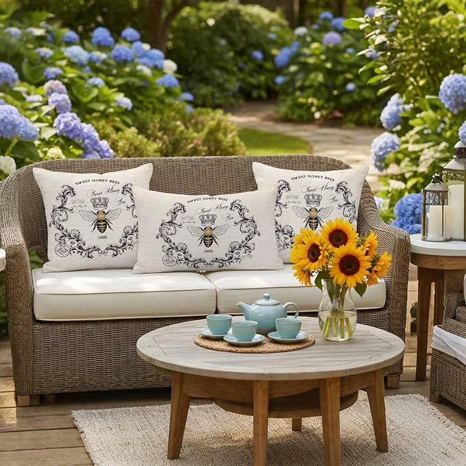 Outdoor Waterproof Throw Pillow Covers Set of 2 Sweet Honey Bees Pillowcases 16x16 Inches Floral Crown Wreath Vintage Decorative Pillows Cushion Case Patio Pillows for Couch Bed Chair Garden