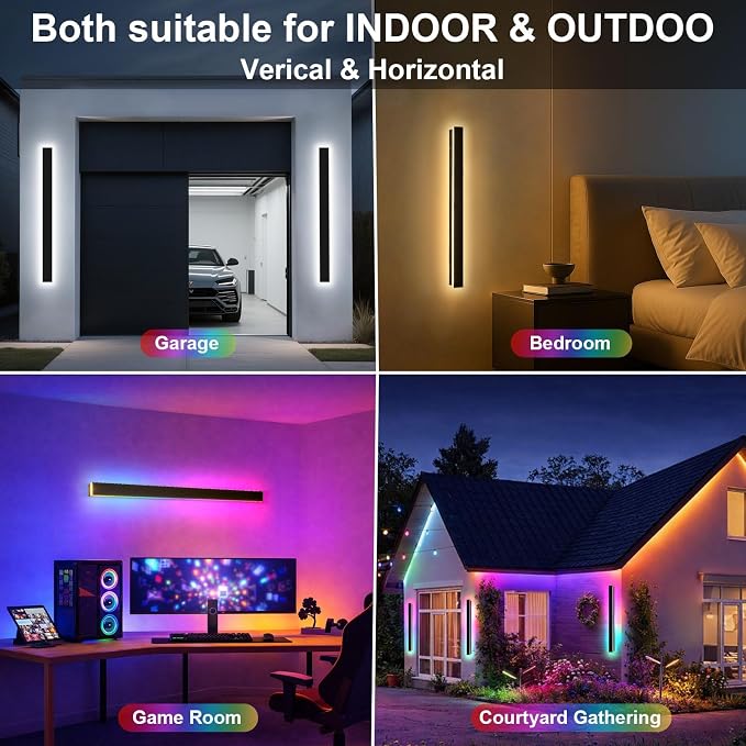 Modern Outdoor RGB Wall Lights, 2 Pack 31.5 Inch RGB Dimmable Long wall Light, Ip65 Waterproof Black Linear Exterior Wall Sconce with Remote and APP Control for House, Garage, Porch