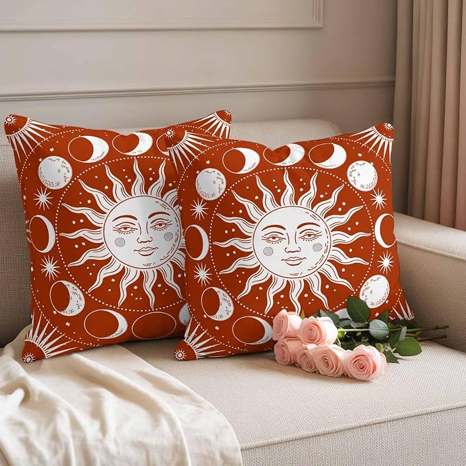 Celestial Sun and Moon Waterproof Outdoor Pillow Covers Set of 2 Home Decor, Burnt Orange Starry Galaxy Boho Lumbar Pillowcase Patio Pillow Covers for Couch Bench Patio Furniture Garden 20x20in