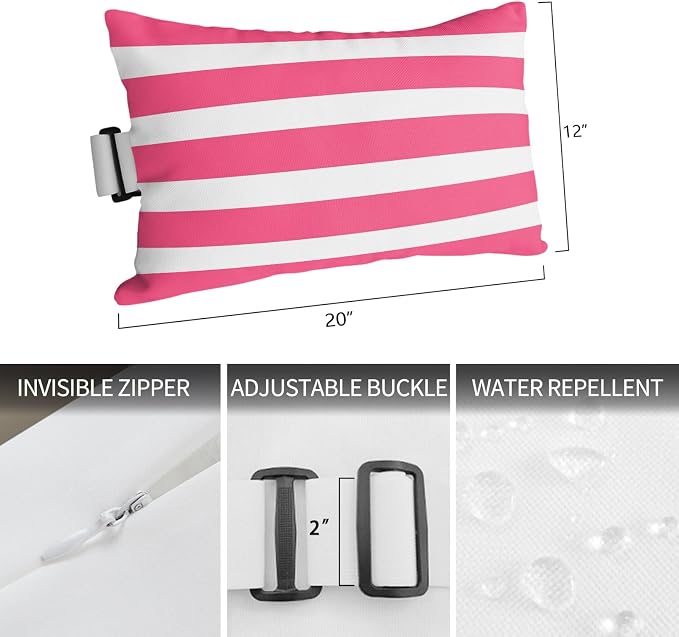 Pink Striped Outdoor Pillows for Chaise Lounge Chair Waterproof Lumbar Pillows with InsertBeach Headrest Pillow Modern Simple Monochrome Geometric White Recliner Neck Pillow for Patio Pool 12"x20"