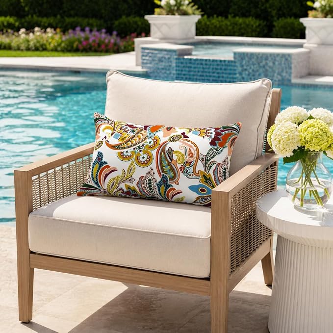 Pack of 2 Patio Lumbar Pillows 12"x20" | Fade Resistant Outdoor Waterproof Lumbar Pillow with Inners Decorative Garden Lumbar Cushions for Home Patio Terrace Sofa