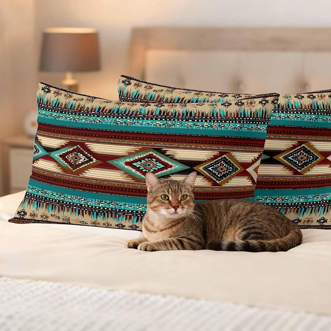 Boho Ethic Outdoor Pillow Covers 20"x12" Set of 2, Western Aztec Tribal Teal Brown Diamond Stripes Waterproof Throw Pillow Covers for Patio Furniture, Decorative Cushion Covers for Porch