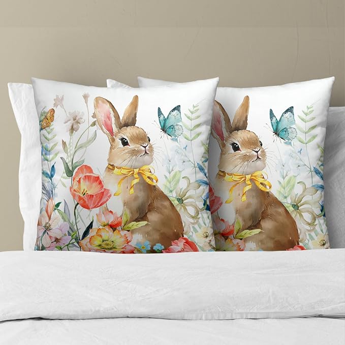 Spring Throw Pillow Covers - Watercolor Bunny in Flowers Cotton Pillow Cases Decorative for Easter Rabbit Decor Couch Sofa Bedroom Living Room 18x18 Inch Set of 2