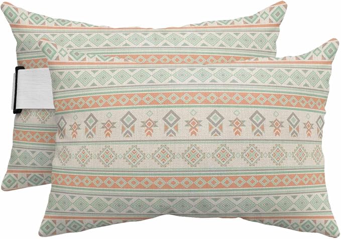 Outdoor Lumbar Pillow Set of 2, Green Orange Boho Striped Waterproof Beach Headrest Pillow with Inserts, Southwestern Ethnic Tribe Vintage Recliner Throw Pillows for Patio Furniture, 11 x 16