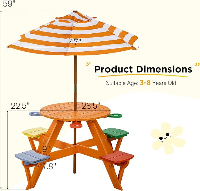 BRINJOY Kids Picnic Table & Stool Set, Outdoor Wood Round Table & 4 Bench, Toddler Picnic Table Set w/Height Adjustable Umbrella, Children Activity Table w/Cup Holders for Patio, Garden, Backyard