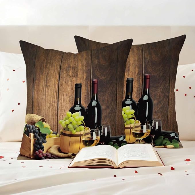 Outdoor Pillow Covers 20 x 20 Inches, Red Wines Waterproof Throw Pillow Cover Set of 2, Champagne Grapes Galsses Country Wooden Plank Decorative Square Cushion Covers for Patio/Couch/Garden