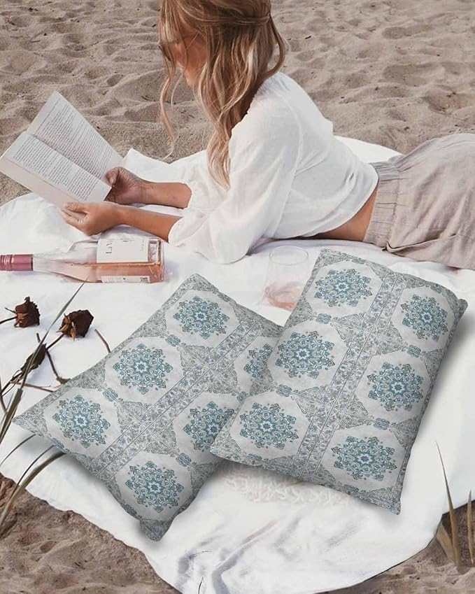Waterproof Throw Pillow Covers for Couch Patio Living Room Furniture Garden Balcony, Retro Ethnic Floral Texture Style Blue Rectangle Cushion Cases Home Decorations, 20 x 12 Inch Set of 2