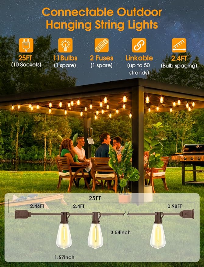 25FT Outdoor String Lights, Patio Lights with 10+1 LED Dimmable Waterproof Shatterproof Linkable ST38 Bulbs for Fence Porch Gazebo, Brown