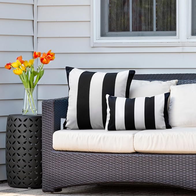 Pack of 2 Outdoor Waterproof Striped Pillow Covers Decorative Throw Covers | 20x20, Black and White, Garden Cushion Covers, Farmhouse Pillowcases for Couch Sofa Patio Tent Balcony