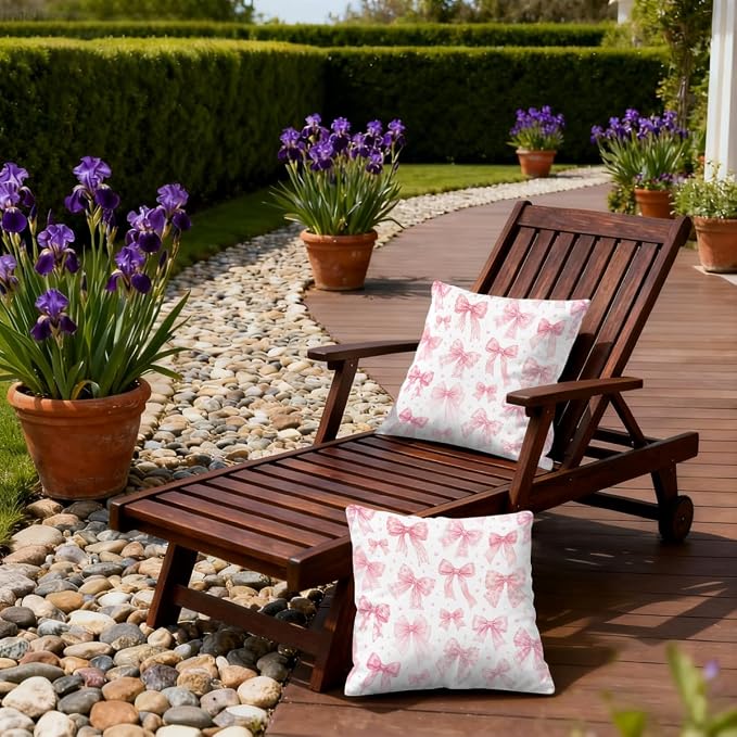 Waterproof Outdoor Pillow Covers Patio Throw Pillow Cases 18x18 Bows | Decorative Throw Pillows Patio Cushion Covers Set of 2, Outdoor Pillow Inserts Cover for Couch Chair