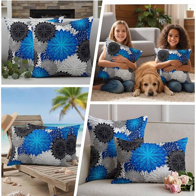 Blue Black Grey Flowers Outdoor Pillow Covers Waterproof, All Weather Cushion Case Set of 2, Boho Colorful Floral Plant Lumbar Pillowcase for Sofa Couch Bed Decor Patio Furniture 20"x12"