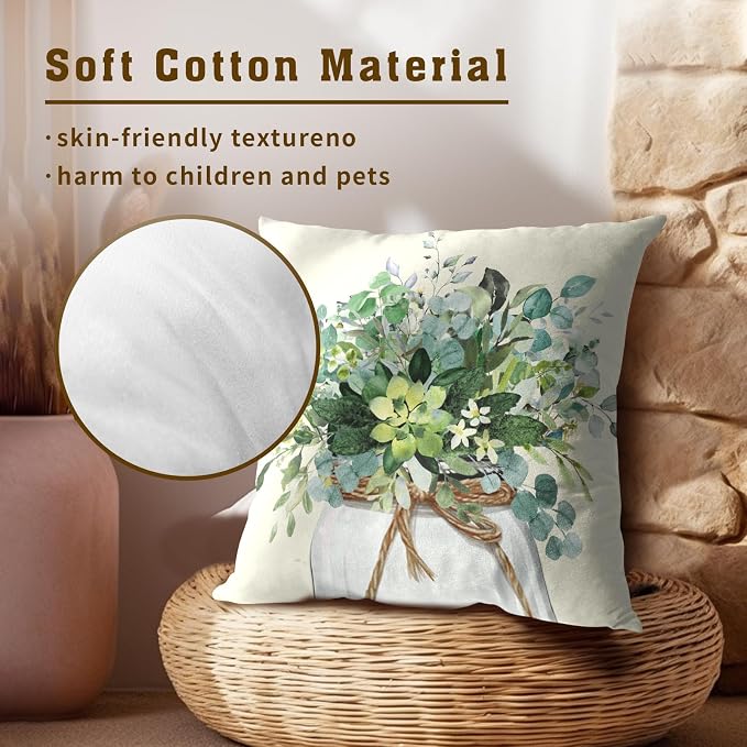 Eucalyptus Leaves Throw Pillow Covers 18X18 Inch Spring Watercolor Green Leaf Vase Decorative Couch Pillow Cases Set of 2 for Living Room Bedroom Bed Outdoor Home Decor