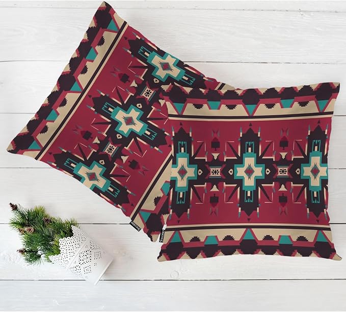 Swono Ethnic Geometric Decorative Throw Pillow Cushion Covers, Native American Style Aztec Pattern Cozy Pillowcase Home Decor Double-Sided Pillow Covers for Home Office Car 18x18 Set of 2, Red