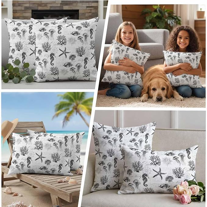 Gray Coastal Waterproof Outdoor Pillow Covers Set of 2 Home Decor, Retro Nautical Starfish Coral Jellyfish Pillowcase Patio Pillow Covers for Couch Bench Furniture Garden 24x24in