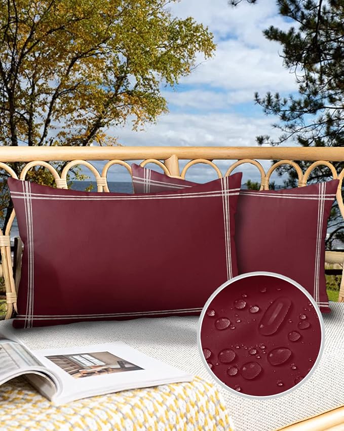 Outdoor Pillow Covers Waterproof, Solid Red Wine All Weather Cushion Case Set of 2, Pure Color Lumbar Pillowcase for Sofa Couch Bed Decor Patio Furniture 20"x12"