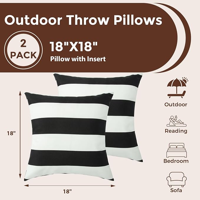 Outdoor Throw Pillows with Insert 18x18 Inch Pack of 2-Black White Stripe | Decorative Throw Pillows with Inserts, Water-Repellent, Square Pillows for Bed, Couch, Sofa and Patio Furniture