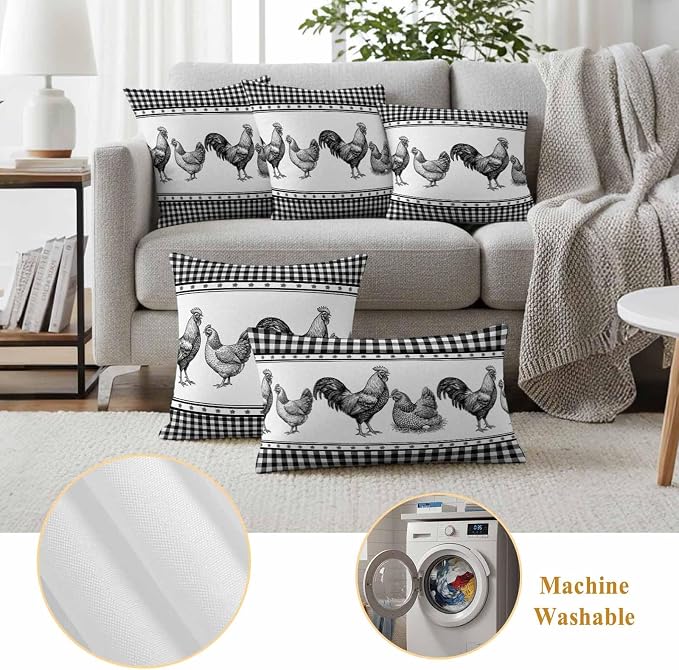 Navy Blue Rooster Outdoor Pillow Covers Waterproof, All Weather Cushion Case Set of 2, Vintage Farmhouse Black Plaid Decorative Pillowcases for Sofa Couch Bed Decor Patio Furniture 16"x16"