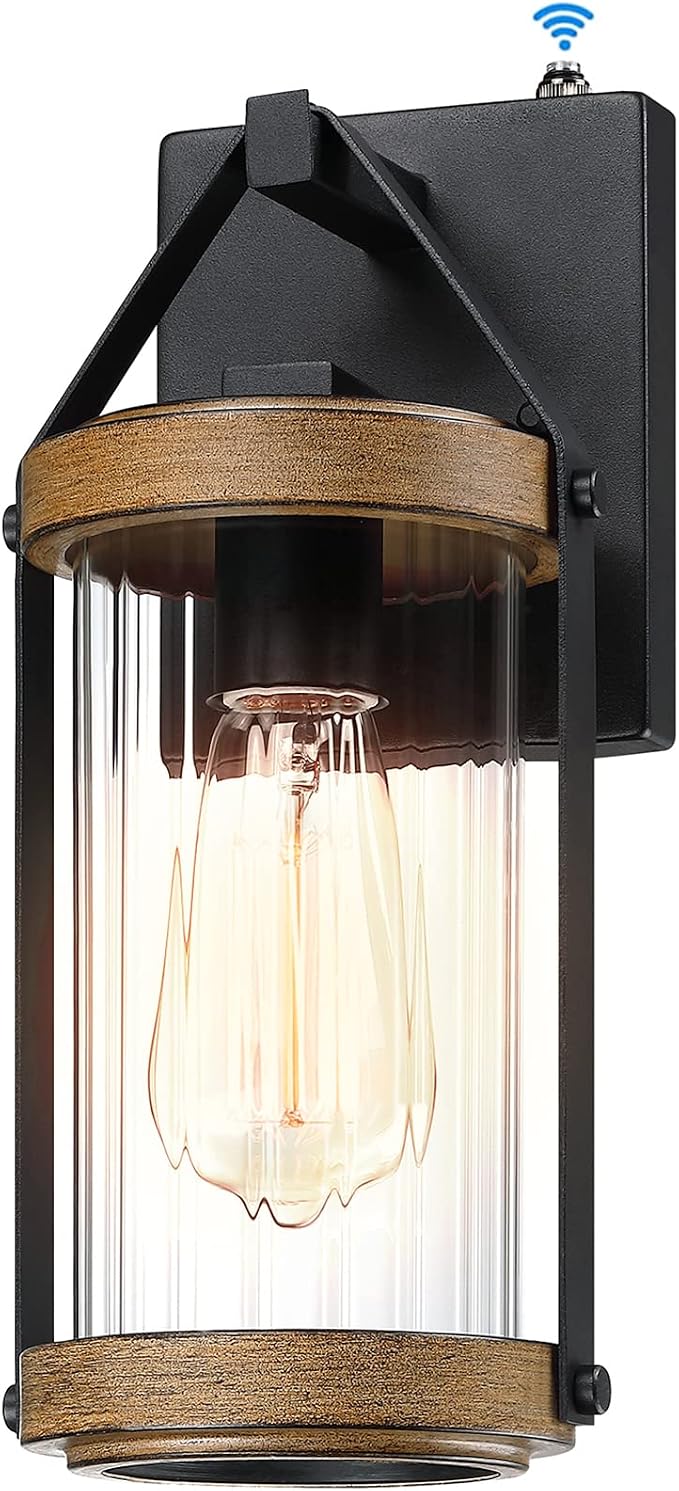 Dusk to Dawn Sensor Outdoor Wall Sconce Lighting with Wood Grain | Exterior Porch Light Fixtures Farmhouse Front House Lantern Waterproof Wall Mount Lamp for Patio Garage Entryway Doorway