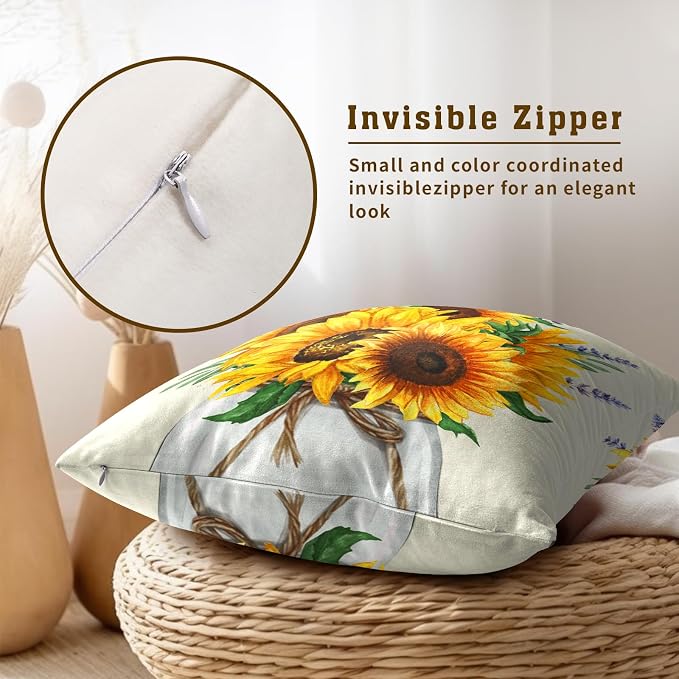 Sunflower Vase Throw Pillow Cover 22x22 Inches Yellow Floral Bright Summer Flowers Lavender Botanica Square Pillowcases Outdoor Sofa Bed Decor Cushion Covers for Home