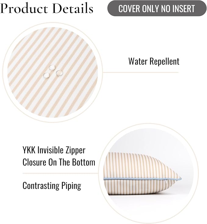 Hofdeco Premium Coastal Hampton Patio Indoor Outdoor Lumbar Pillow Cover Only, 12"x20" Water Repellent for Backyard, Couch, Poolside, Neutral Tan Blue Print Stripes