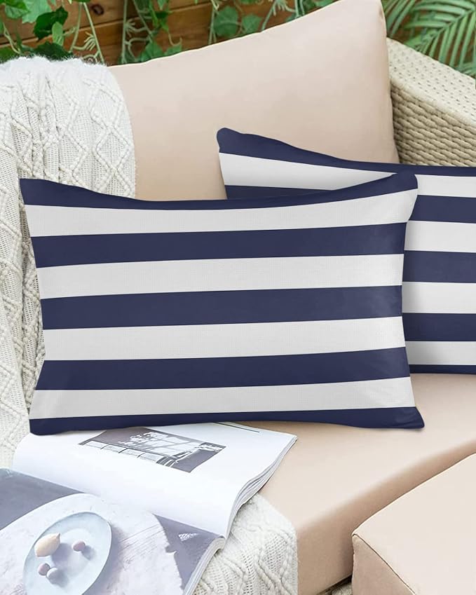 Lumbar Throw Pillow Covers 12x20 Outdoor Waterproof Pillow Covers for Patio Furniture Nautical Striped Throw Pillow Cover Navy Blue Pillowcases Set of 2 Cushion Case for Sofa Couch Chair Home Decor