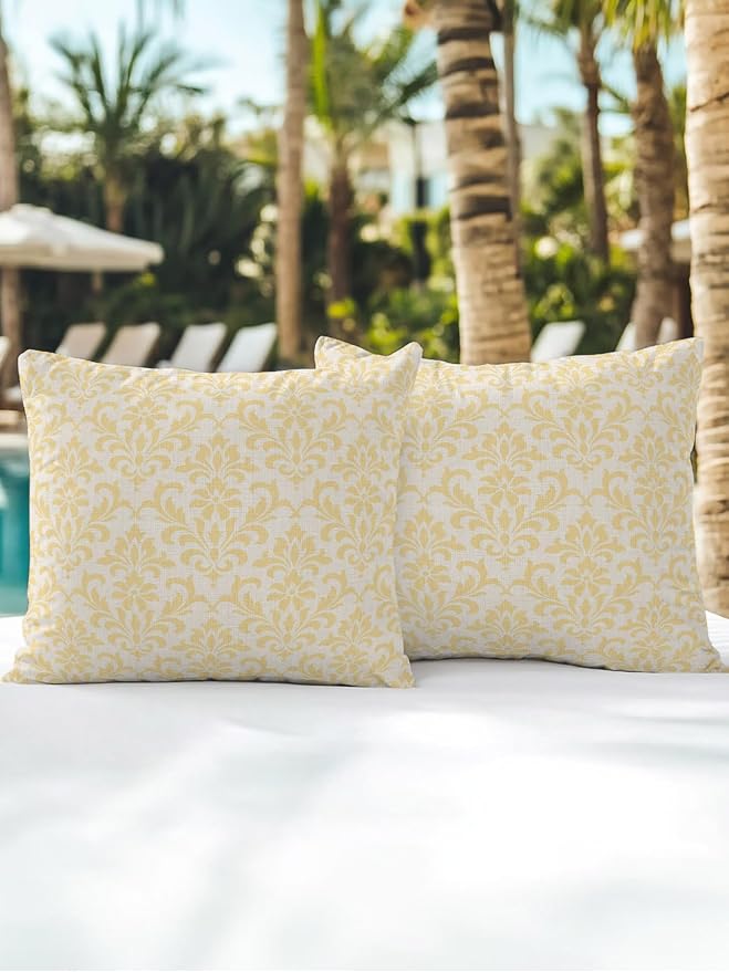 Waterproof Outdoor Pillow Set of 2 Yellow Grid Plaid Decorative Throw Pillows Cover & Insert 16x16 Inch Pillowcase Diagonally Crossed Lines Pillows for Couch Sofa Bed Patio Furniture Indoor Outdoor