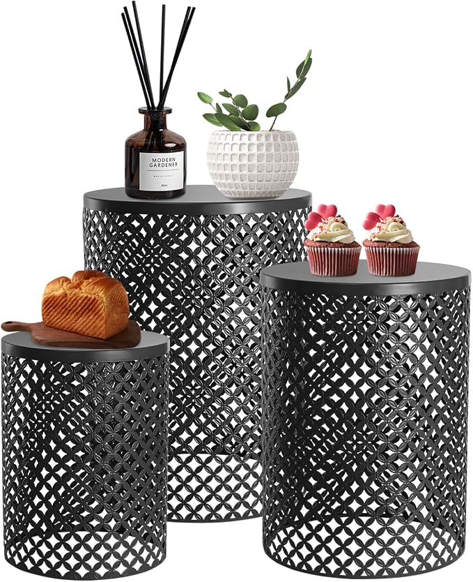 Set of 3 Nesting Side Table, 3Pcs Patio Side Table Iron Side Table Outdoor/Indoor Accent Table with 3 Sizes, Round Metal End Table for Gardens, Balconies, Bedrooms-Black